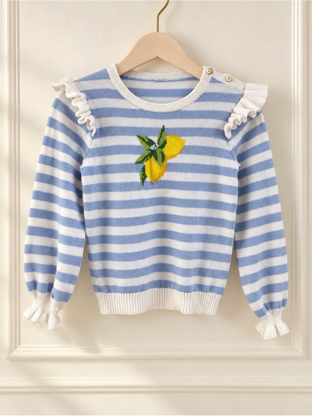 Janie and Jack Girls Size 8 Lemon Striped Ruffle Sweater 100% Cotton